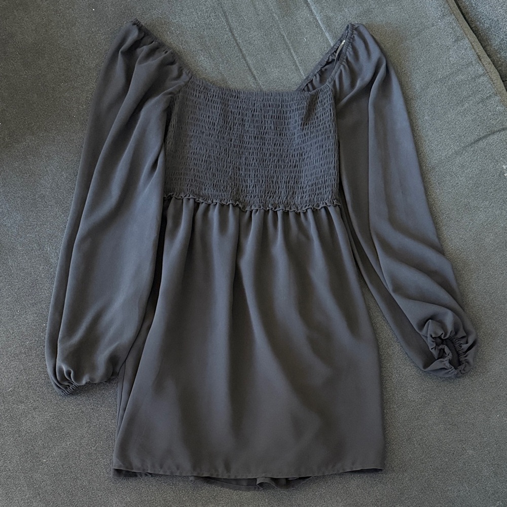 Smocked Square-Neck Dress - Black
